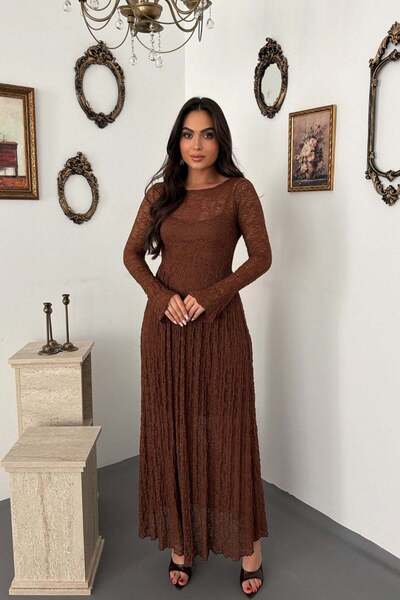 Elbee Fashion Woman فستان دانتيل بأكمام طويلة وبطانة بنية اللون