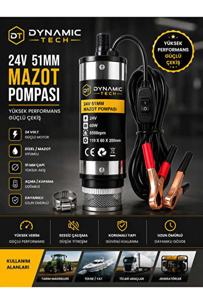 DynamicTech 24 Volt Mazot Ve Su Zeytin Yağı Vs Sıvı Aktarma Pompası Dalgıç Pompa 60 Watt 51 mm