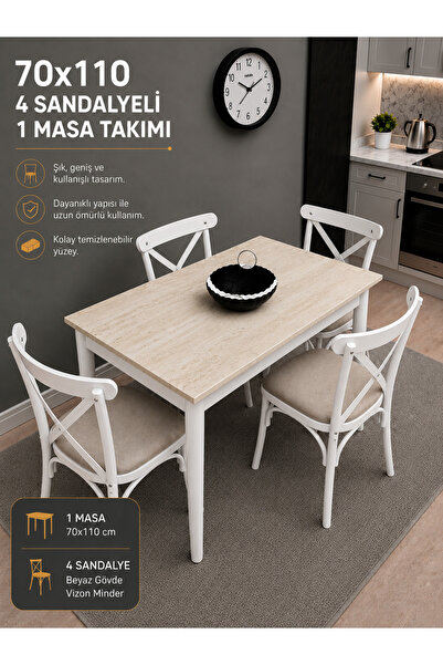 VOGUE TASARIM VE AKSESUAR 70x110 4 Sandalyeli Mutfak Masası Takımı | 4 Kişili...