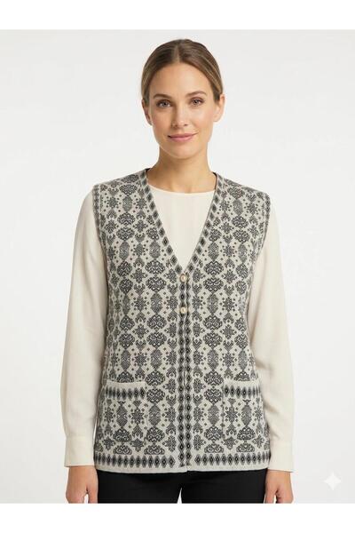 MADAM PARS Women's Authentic Patterned Buttoned Knitwear Vest with Pockets Cl...