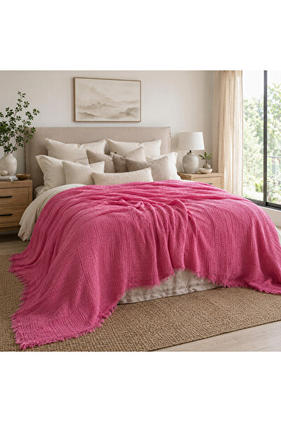 HB&Victory 100% Cotton 4 Layer Muslin Bedspread Fuchsia Color Double Size 240...
