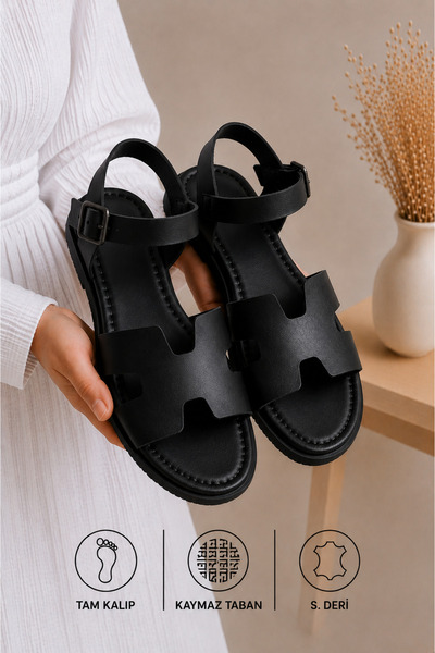 star shoes Black Leather Women's Sandals Buckle Casual Sandals