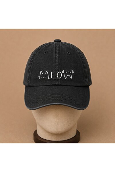 WeavedCo Embroidered Vintage Washed Cap with Meow Cat Figure