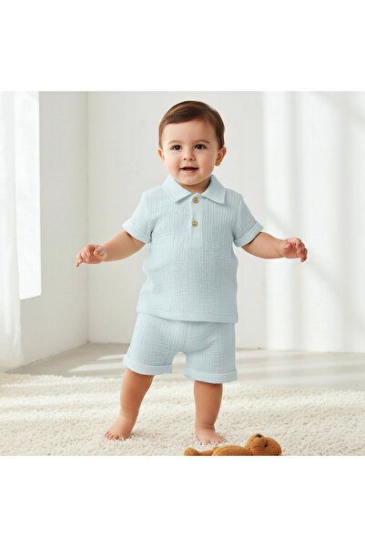 Juniors Cotton Collared Neck Short Sleeve Shorts Set with Texture