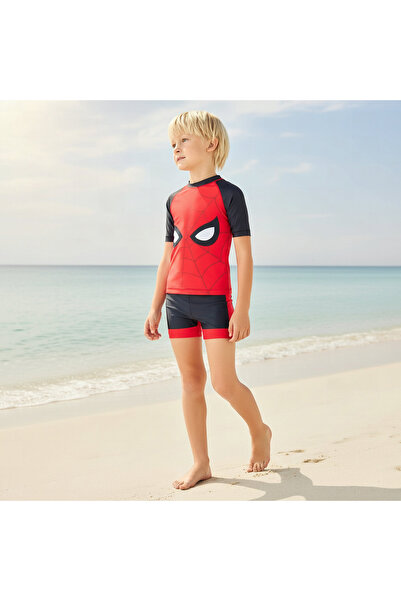 Marvel Crew Neck Short Sleeve Swim T-shirt and Shorts Set with Spider-Man Print