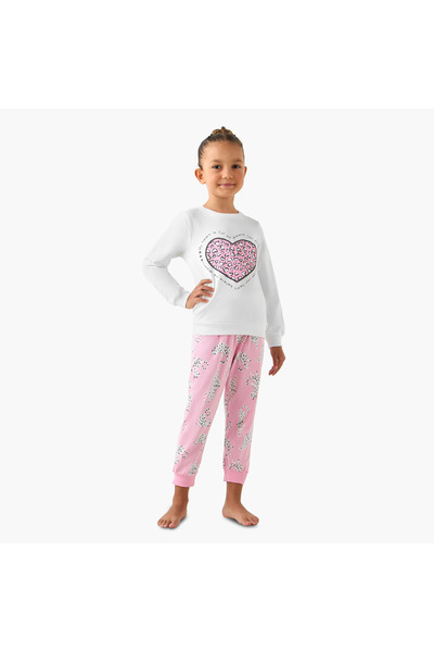 Juniors Cotton Crew Neck Long Sleeves Pyjama Set with Heart Leopard Print