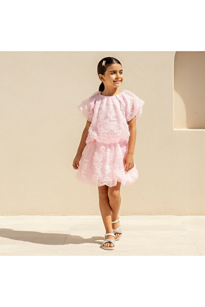 Juniors Crew Neck Short Sleeves Top and Skirt Set with Floral Texture