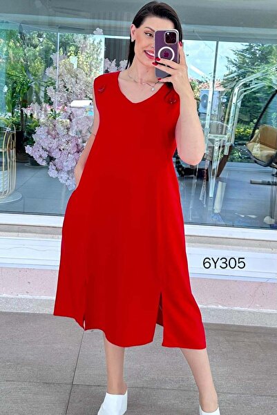 İnce Topuk Button Detail Waist Tie Linen Dress 6Y305