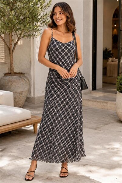 Neşeli Butik Women's Black Plaid Pattern Thin Strap Lined Midi Length Tulle D...