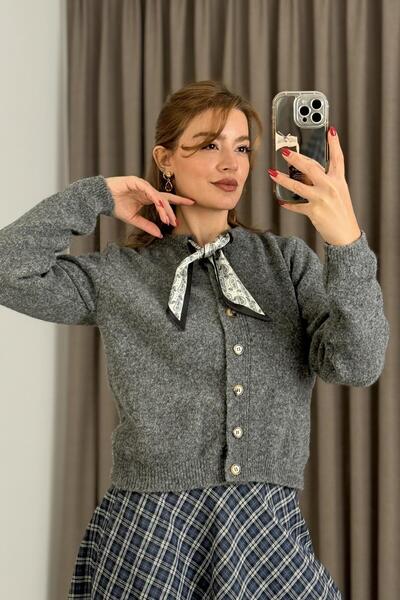 Raneel Kazançlı Alışveriş Women's Scarf Detailed Crop Knitwear Cardigan Anthr...