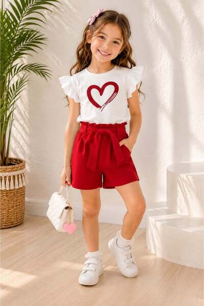 zepkids Girls Shorts Set Heart Print White T-Shirt with Red Shorts Summer Two...
