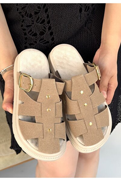 Zerenyus Ellia Premium Beige Suede Buckle Summer Slippers