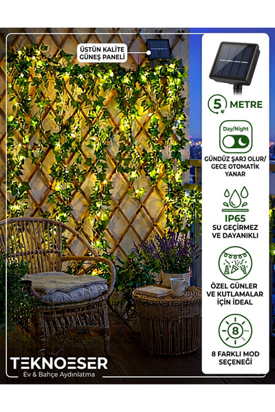 TeknoEser Solar Yaprak Peri LED – 5 Metre 8 Modlu IP65 Güneş Enerjili Dekorat...