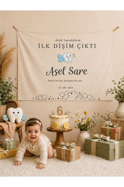 Vagonik Kişiye Özel İlk Dişim Çıktı Kutlama Parti Duvar Örtüsü Duvar Halısı B...