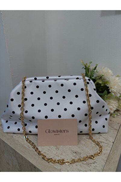Glowisters Jewelry KADIN BEYAZ PUANTİYELİ SATEN ZİNCİRLİ EL VE OMUZ ÇANTASI