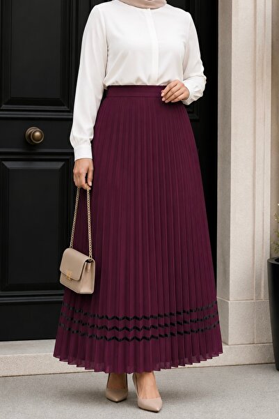 İmajButik Burgundy Pleated Skirt with Elastic Waistband and Stripes