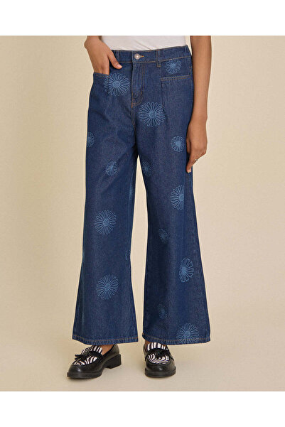 REDTAG Senior Girls Navy Embroidered Wideleg Jeans