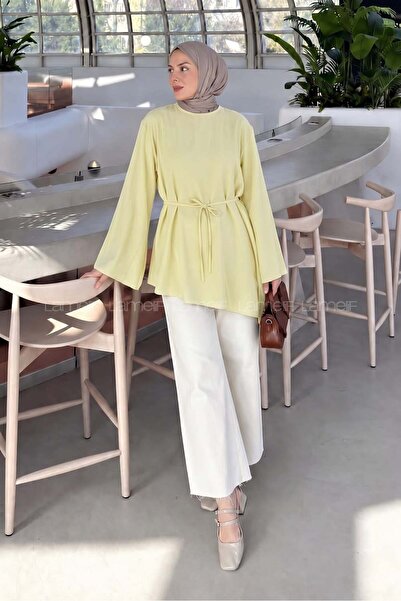 lamelif Asymmetrical Cut Shirt with Tie Detail Yellow