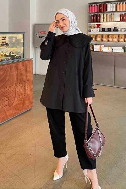 lamelif Baby Collar Lace Detailed Shirt Black