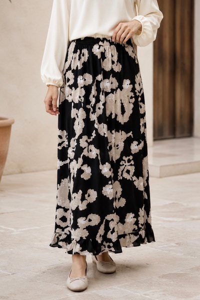 İmajButik Black Patterned Viscon Skirt with Elastic Waist