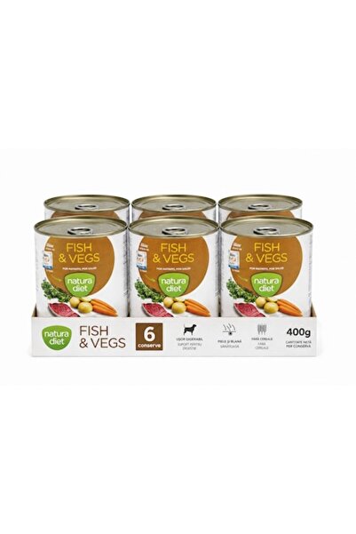 Natura Diet Set de 6 conserve hrană umedă pentru câini, Pește și Legume, 400g...