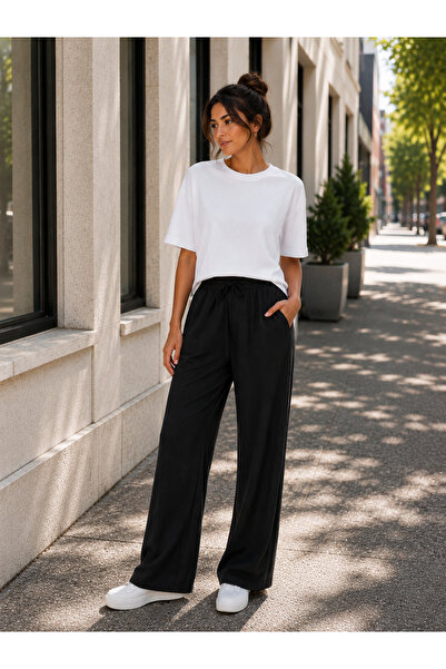 Hayalet Women's Muslin Palazzo Trousers – Elastic Waist Lace-Up Loose Fit Wid...