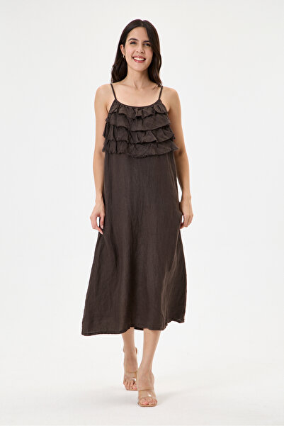 della moor Brown Italian 100% Linen Dress with Tassel Collar and Adjustable S...