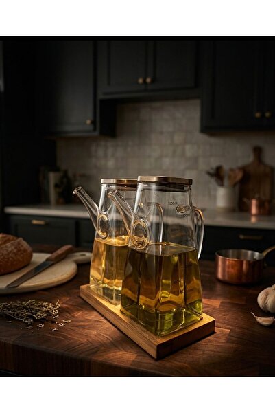Buğra Home 2'Lİ AHŞAP STANDLI ÇELİK KAPAKLI YAĞDANLIK 1000ML