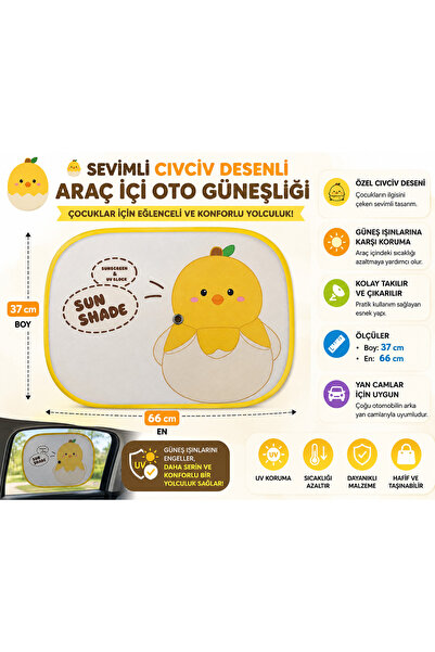 Koseva Araç İçi Yan Cam Güneşlik 2Li Set Civciv Desenli Vakumlu Oto Araç İçi ...