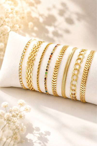 Crc Bijuteri Gold Color 8-Piece Combination Color-Resistant Women's Bracelet