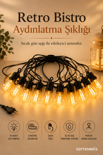 Genel Markalar Lumora Bistro 5 Metre 10 Ampul LED Fişli Gün Işığı Bahçe Balko...