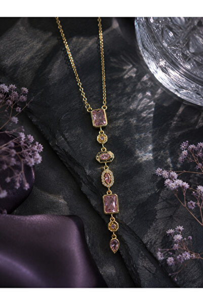 Sylvera Shop Lavinya Pink Stone Y Necklace (Gold Color)