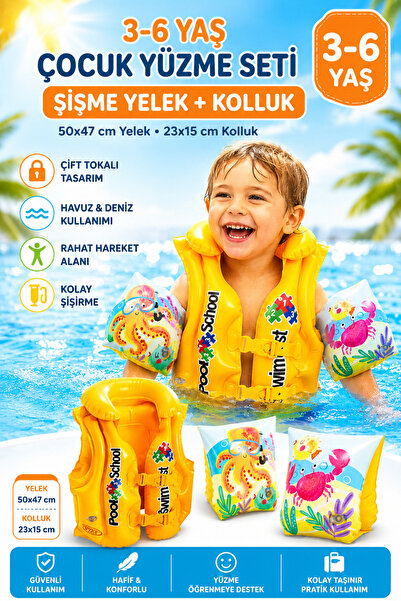 YILDIRIM OYUNCAK 3–6 Yaş Şişme Çocuk Yüzme Yeleği ve Kolluk Seti 50×47 cm – Ç...