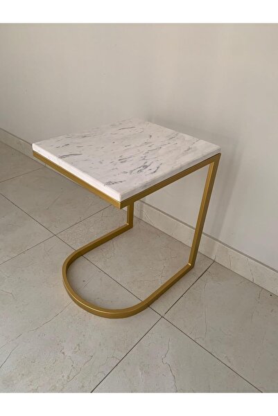 horoof home Luxury C-Shaped Marble Side Table – Elegant White & Gold Accent T...