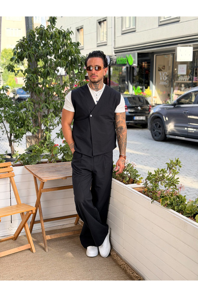 manch collection Linen Vest Baggy Trousers Set Black