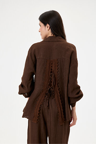 della moor Women's Brown Italian 100% Linen Lace Back Low-Cut Bottom Top Line...