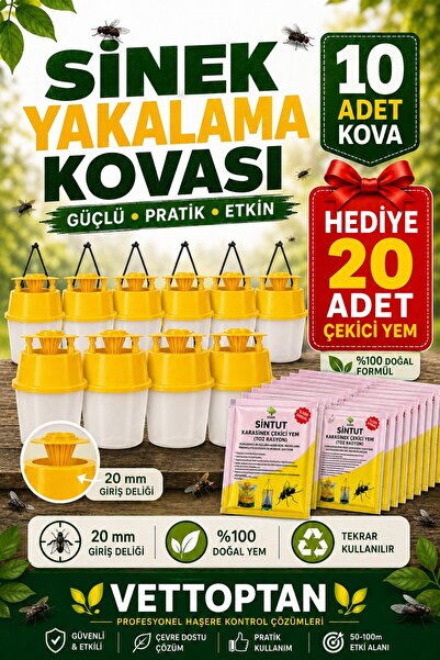 vettoptan Sinek Yakalama Kovası 10 Adet 20 Adet Çekici Yem Hediyeli Karasinek...