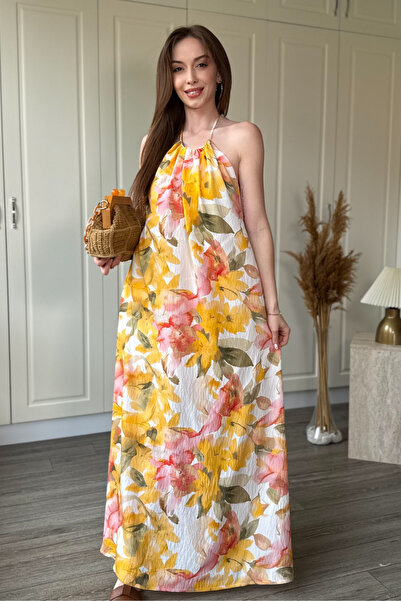 Dilay Gökoğlu Butik Halter Neck Floral Patterned Long Dress