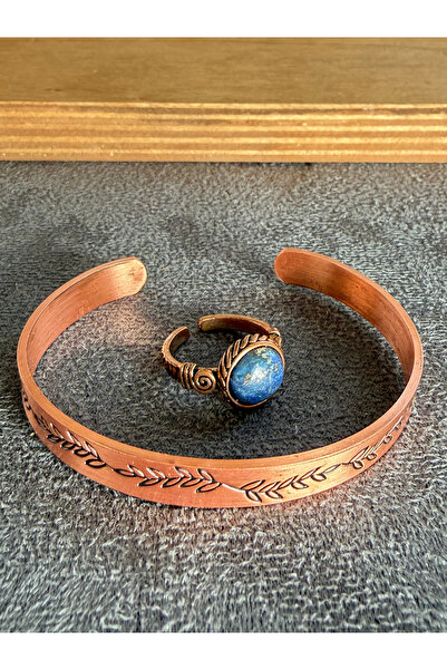 Rupen Kraft Handcrafted copper bracelet and natural stone ring set, adjustabl...
