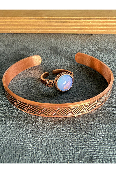 Rupen Kraft Handcrafted copper bracelet and natural stone ring set, adjustabl...