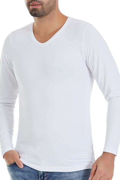 YILDIZ Modal V-Neck Long Sleeve Men's T-Shirt White
