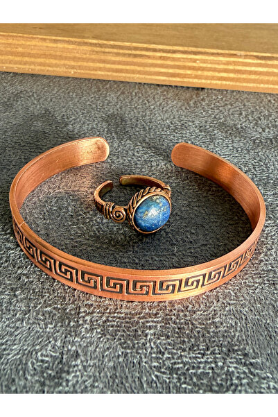 Rupen Kraft Handcrafted copper bracelet and natural stone ring set, adjustabl...