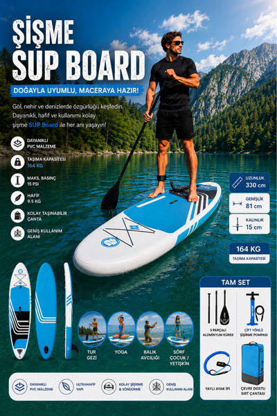 post alley Şişme SUP Board Seti 330x81x15 cm - 164 Kg Taşıma Kapasiteli Kürek...
