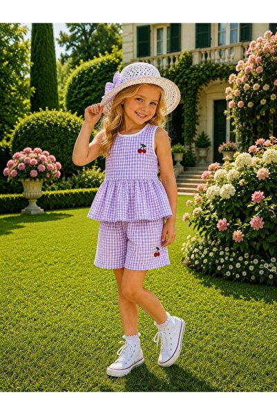 KOZADANKIDS Kız Çocuk Renkli ,Kiraz Nakışlı, Pötikare Şortlu Takım, Hediye Şa...