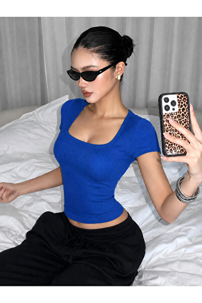 RİEMA Ribbed U-Neck Square Basic Stretchy Short Sleeve Blouse