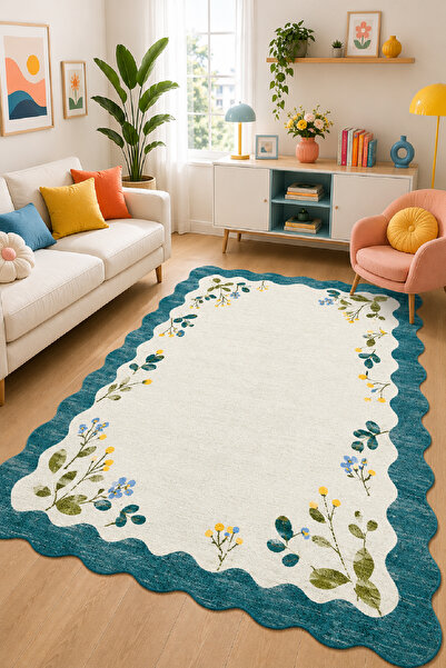 PINKIE HOME Dijital Baskı OVERLOKSUZ ASİMETRİK Kaymaz Yıkanabilir Salon Halıs...