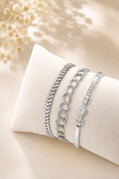 Crc Bijuteri Silver Color 3-Piece Handcuff & Fishback Detail Women's Bracelet...