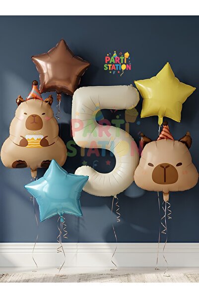Parti Station Kapibara Concept 5 Year Old Birthday Balloon Set 6 Piece Capyba...