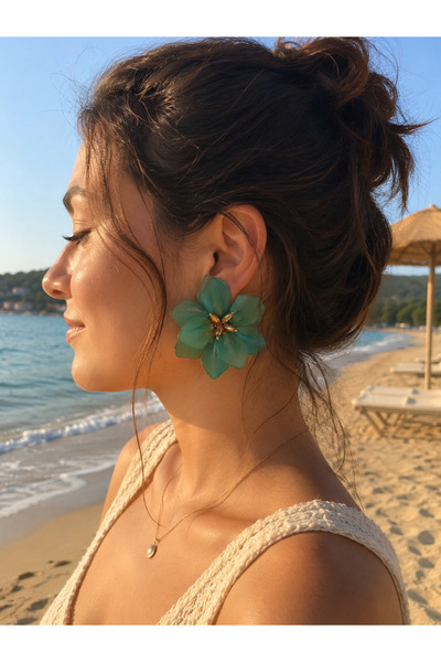 mosmoda Marka Model, Koyu Yeşil Çiçek Reçine Küpe