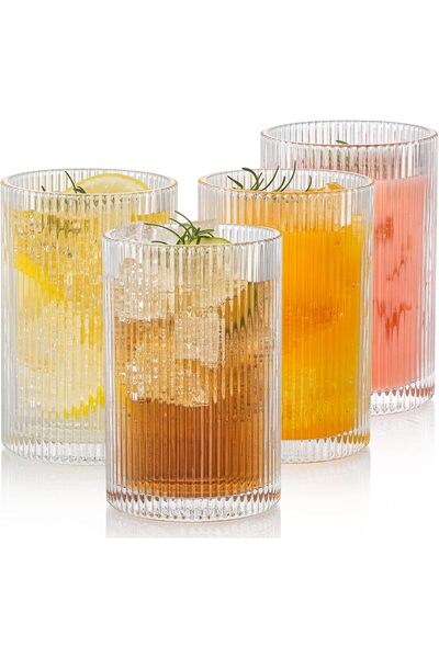 Generic Set of 4 Vintage Ribbed Glassware, 17oz XL Drinking Glasses, Fluted R...